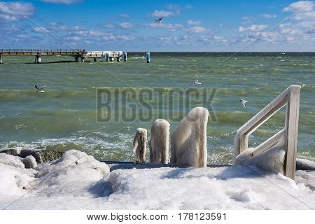 Winter on shore of the Baltic Sea in Sassnitz Germany.