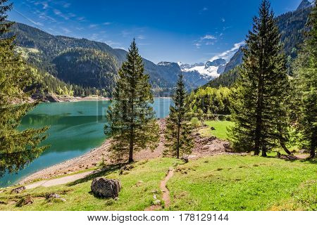Small Footpath At Gosausee Lake In Gosau, Alps, Austria, Europe