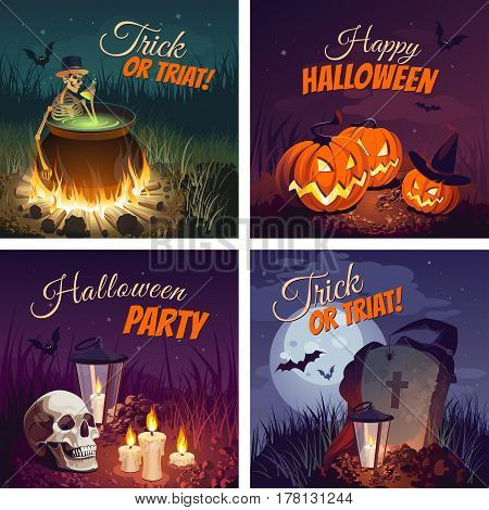 Halloween Banners with the characters on the background. Night autumn landscape