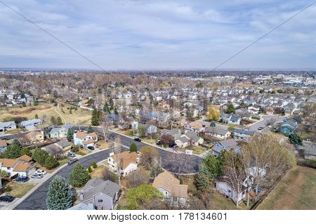 aerial view of a typical residential area along Front Range in Colorado - Fort Collins in early spring