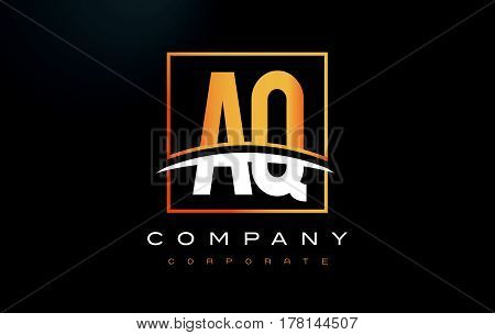 Aq A Q Golden Letter Logo Design With Gold Square And Swoosh.