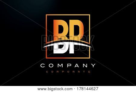 Bp B P Golden Letter Logo Design With Gold Square And Swoosh.