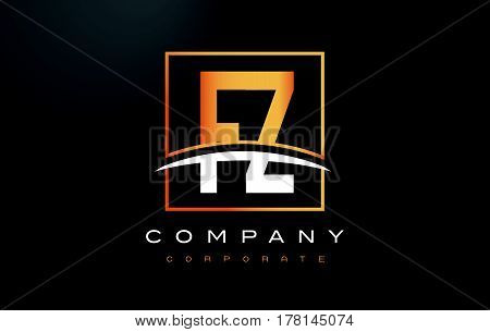 Fz F Z Golden Letter Logo Design With Gold Square And Swoosh.