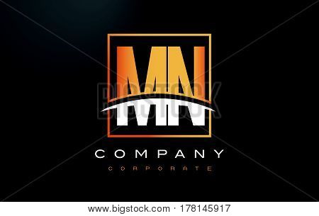 Mn M N Golden Letter Logo Design With Gold Square And Swoosh.