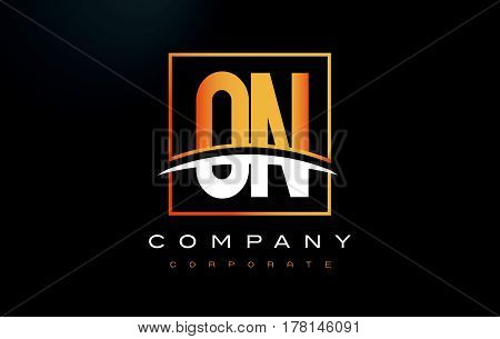 On O N Golden Letter Logo Design With Gold Square And Swoosh.