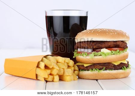 Double Burger Hamburger And Fries Menu Meal Combo Cola Drink Unhealthy Eating