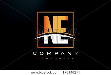 Ne N E Golden Letter Logo Design With Gold Square And Swoosh.