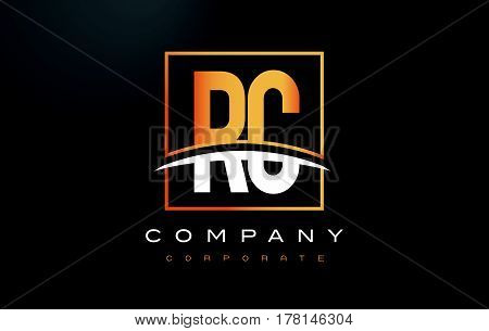Rc R C Golden Letter Logo Design With Gold Square And Swoosh.