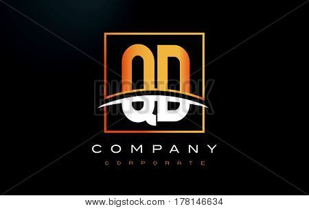 Qd Q D Golden Letter Logo Design With Gold Square And Swoosh.