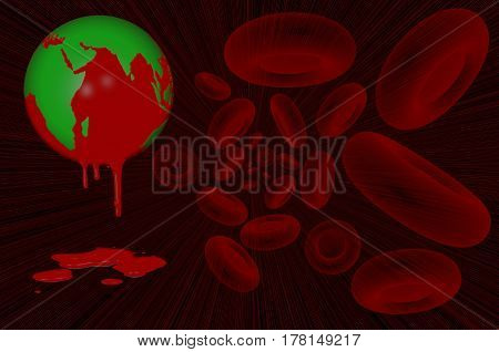 3D. World Haemophilia day 17 April - earth globe with blood dripping