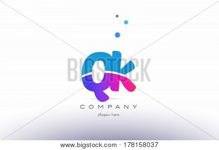 Qk Q K  Pink Blue White Modern Alphabet Letter Logo Icon Template