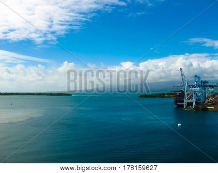 Pointe-a-Pitre, Guadeloupe - February 09, 2013: Cargo ship docked in the port of Pointe-a-Pitre in Guadeloupe