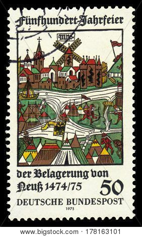 GERMANY - CIRCA 1975: A stamp printed in the Germany shows siege of Neuss, woodcut, 500th anniv. of the unsuccessful siege of Neuss by Duke Charles the Bold of Burgundy, circa 1975