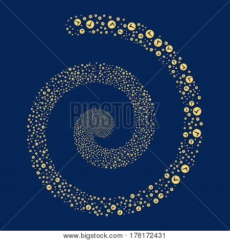 Apply fireworks whirl spiral. Vector illustration style is flat yellow scattered symbols. Object vortex combined from scattered pictographs.