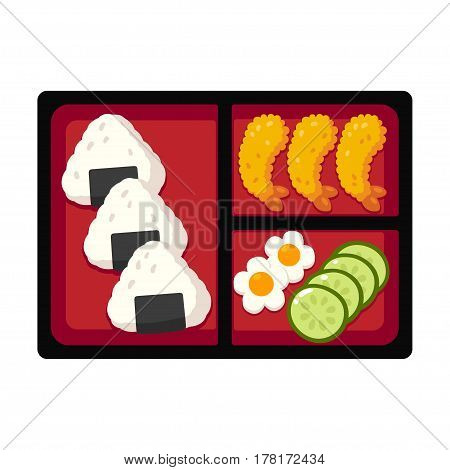 Traditional Japanese bento box lunch with rice onigiri and tempura shrimp cucumber and egg. Vector illustration.