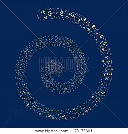Clock fireworks vortex spiral. Vector illustration style is flat yellow scattered symbols. Object whirlpool constructed from random pictograms.