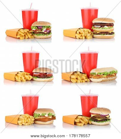 Hamburger Collection Set Cheeseburger And Fries Menu Meal Combo Fast Food Drink Isolated