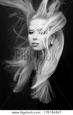 black and white portrait of Beautiful fantasy eye face-art close-up