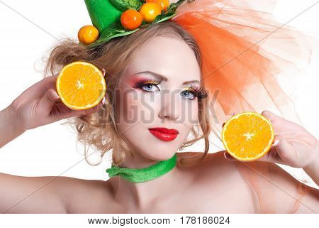 portrait of a girl with fashion makeup on white background