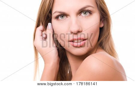 Close-up portrait of beautiful girl  isolated on white