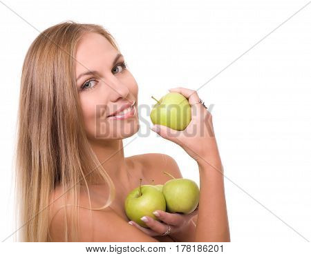 Young happy woman with apple isolated on white
