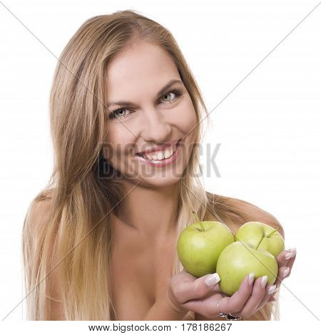 Young happy woman with apple isolated on white