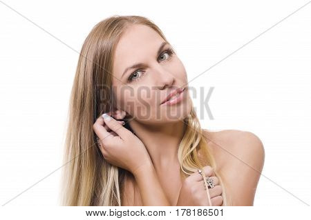 Close-up portrait of beautiful girl , isolated on white