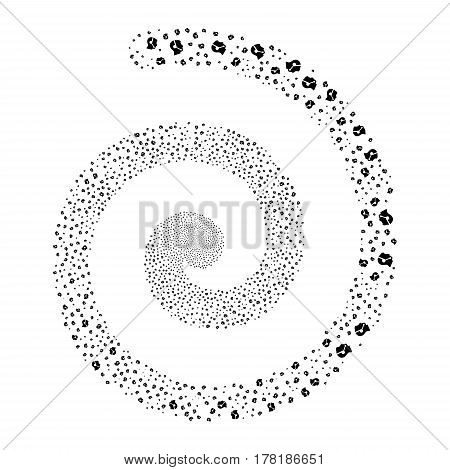 Call Center Operator fireworks vortex spiral. Vector illustration style is flat black scattered symbols. Object whirl combined from random pictographs.