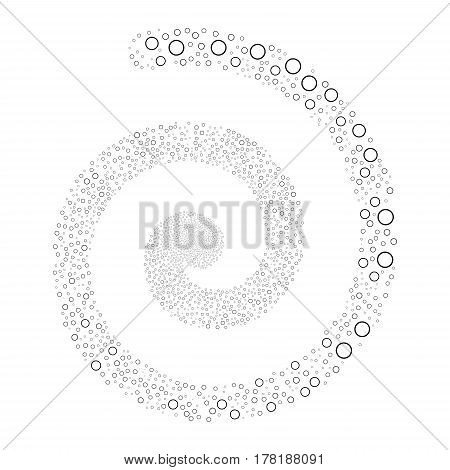 Circle Bubble fireworks vortex spiral. Vector illustration style is flat black scattered symbols. Object whirl combined from scattered pictographs.