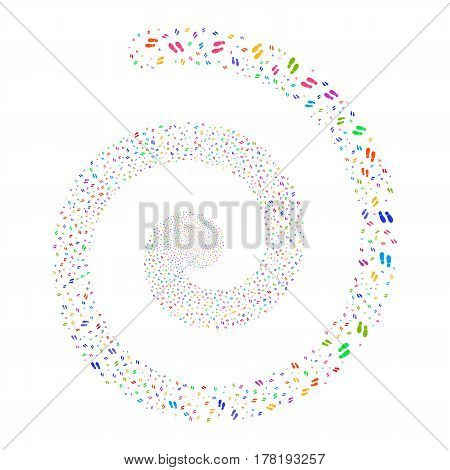 Boot Footprints fireworks vortex spiral. Vector illustration style is flat bright multicolored scattered symbols. Object swirl combined from scattered pictographs.