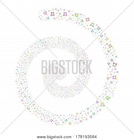 Buzzer fireworks swirling spiral. Vector illustration style is flat bright multicolored scattered symbols. Object swirling organized from scattered pictographs.
