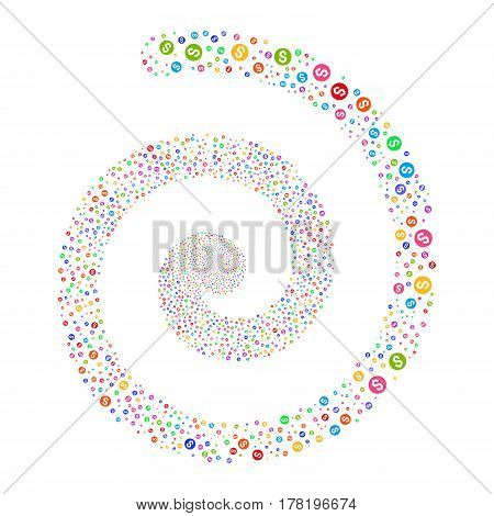 Coin fireworks swirl spiral. Vector illustration style is flat bright multicolored scattered symbols. Object twirl combined from scattered icons.