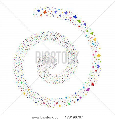 Component fireworks vortex spiral. Vector illustration style is flat bright multicolored scattered symbols. Object twirl made from random design elements.