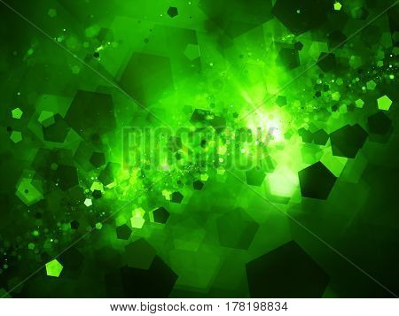 Green glowing nebula in deep space with pentagon particles computer generated abstract background 3D rendering