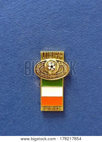 USSR - CIRCA 1984: Badge with the image ball and flag Italy, the inscription 
