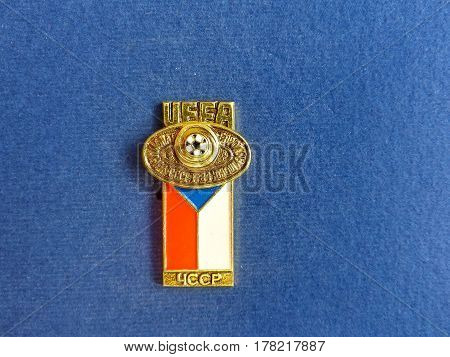 USSR - CIRCA 1984: Badge with the image ball and flag Czechoslovakia, the inscription 