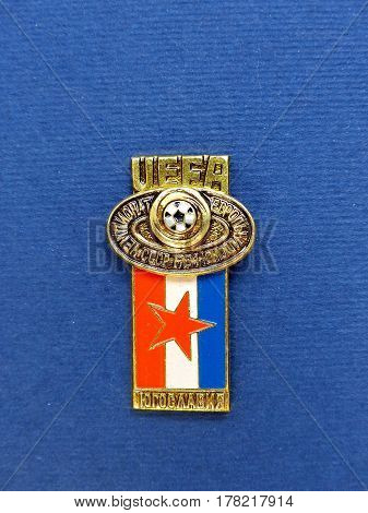 USSR - CIRCA 1984: Badge with the image ball and flag Yugoslavia, the inscription 