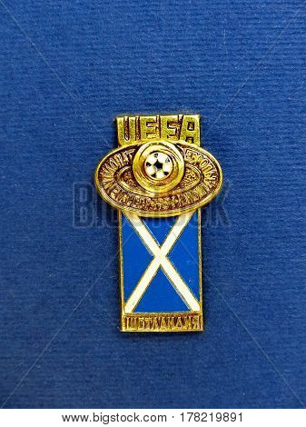 USSR - CIRCA 1984: Badge with the image ball and flag Scotland, the inscription 