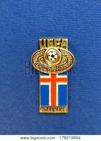 USSR - CIRCA 1984: Badge with the image ball and flag Iceland, the inscription 