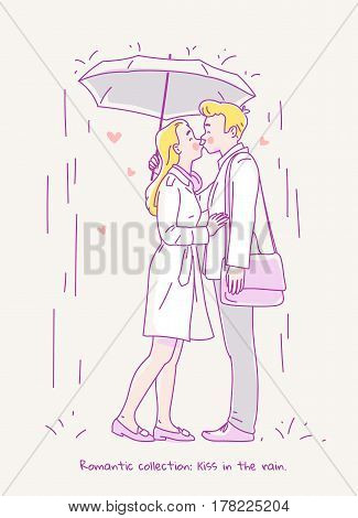 Young couple kissing in the rain under an umbrella. Line vector illustration