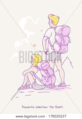 Young couple with backpacks watch the sunrise on the horizon while standing on the mountain. Line vector illustration