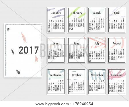 Vector printable calendar for 2017 year with hand drawn textures. Monthly calendar.