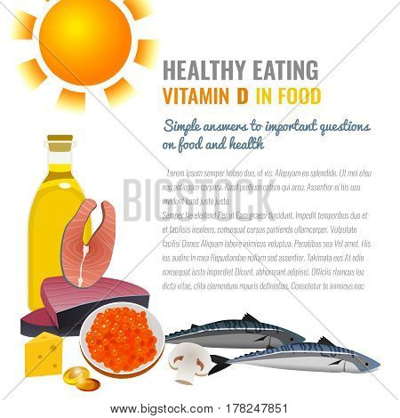 Ergocalciferol in food. Top foods rich with antirachitic vitamin D. Beautiful vector illustration with different products on a light background. Banner or flyer template with place for your text.