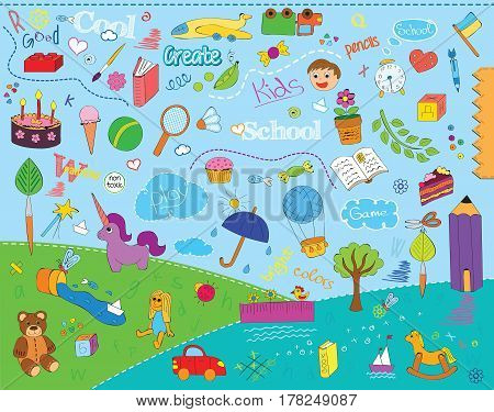beautiful bright children school pattern with toys