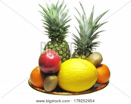 honeymelon pineapples kiwi oranges and mango isolated