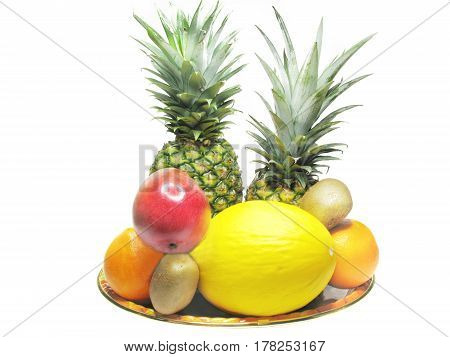 honeymelon pineapples kiwi oranges and mango isolated