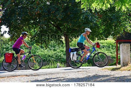 Neuf Brisach France - july 23 2016 : cyclist on the fortification in summer