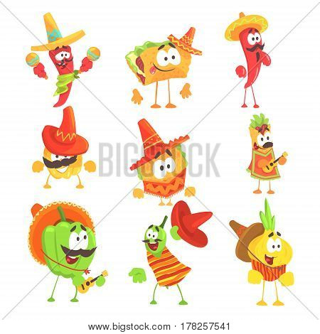 Mexican Food And Vegetables Series OF Cool Cartoon Characters In National Clothes With Guitars And Maracas, Smiling And Dancing. Funny Alive Eatable Characters From Mexico With Culture Attributes.