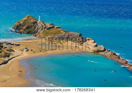 White lighthouse, location - Castlepoint, North Island, New Zealand