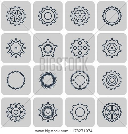 Vector illustration. Set of outline icons of mechanical gears. Black on a white background.